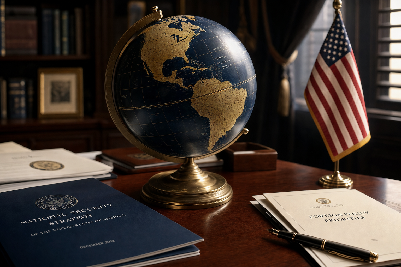 Globe and national security strategy documents on mahogany desk